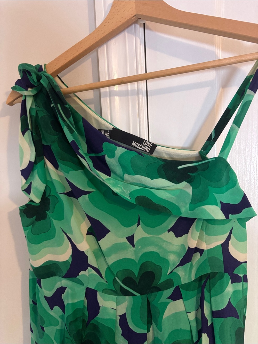 Moschino Silk Green Floral One-Shoulder Mini Dress - Picture 4 of 6